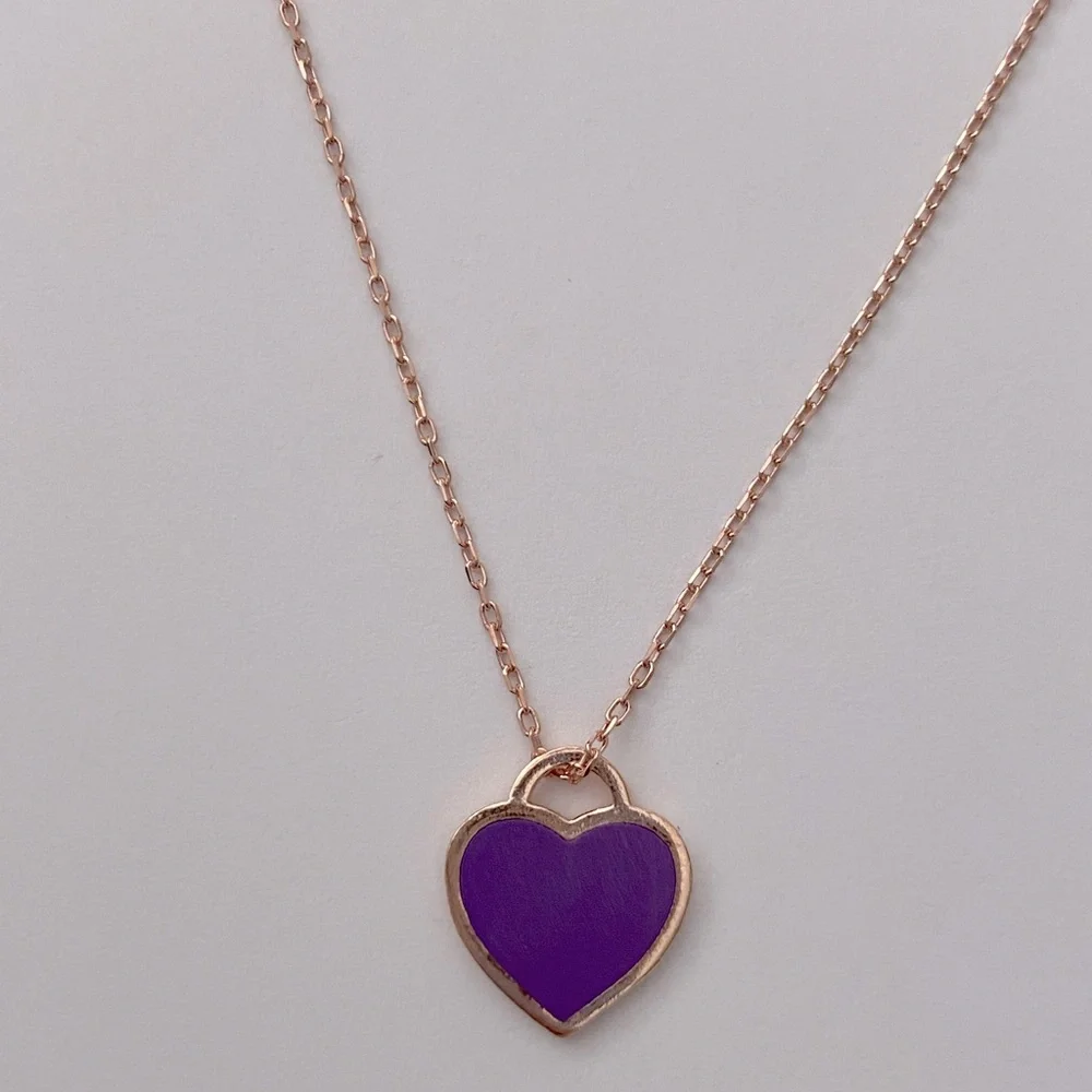 925 Silver purple enamel heart love necklace